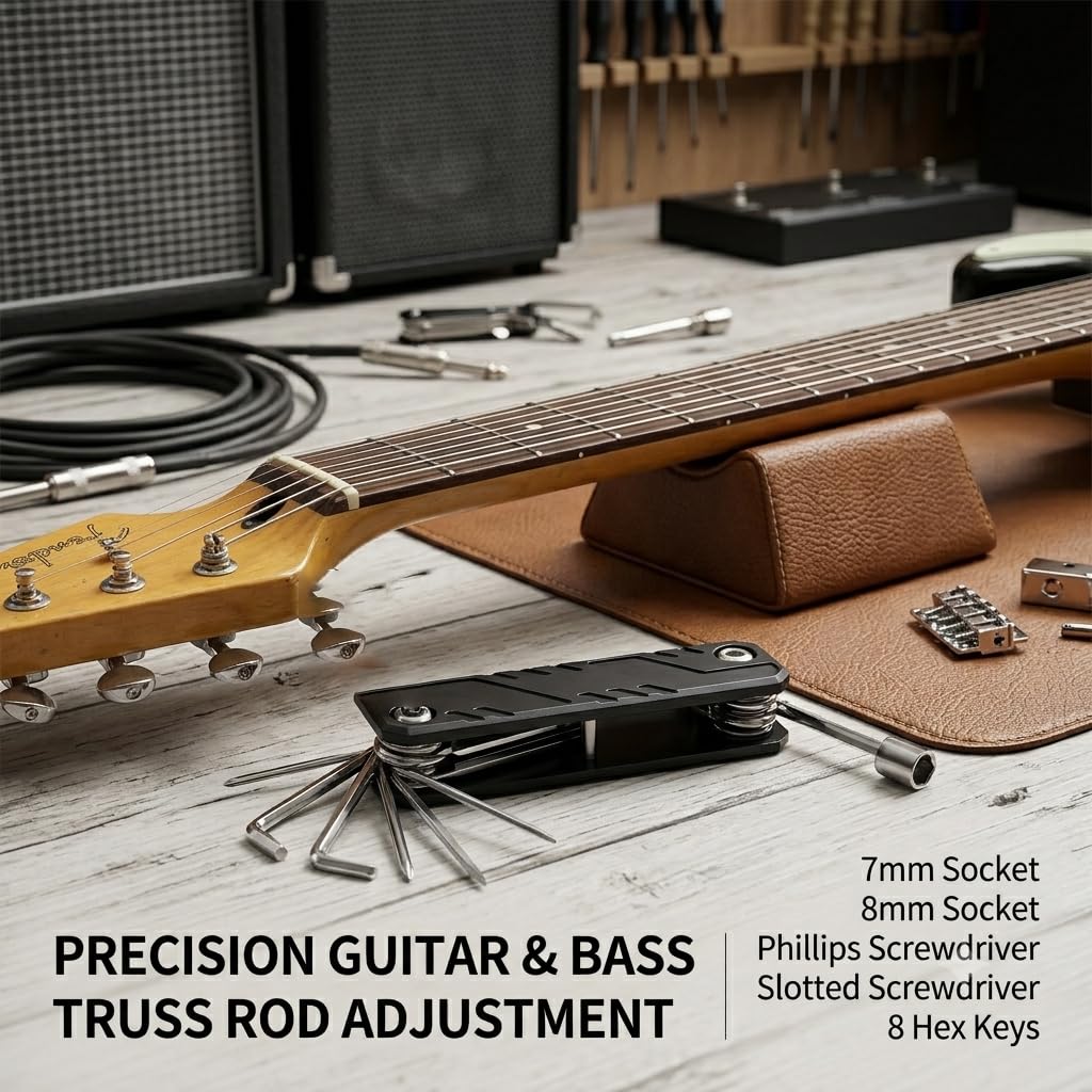 GUITTO Guitar Multi Tool and Bass Pocket Adjustment Kit, 12 in 1 Aluminum Alloy Setup Wrench with Storage Bag, Compact Tool for Floating Bridges and 7mm 8mm Truss Rod Repairs GGT-01