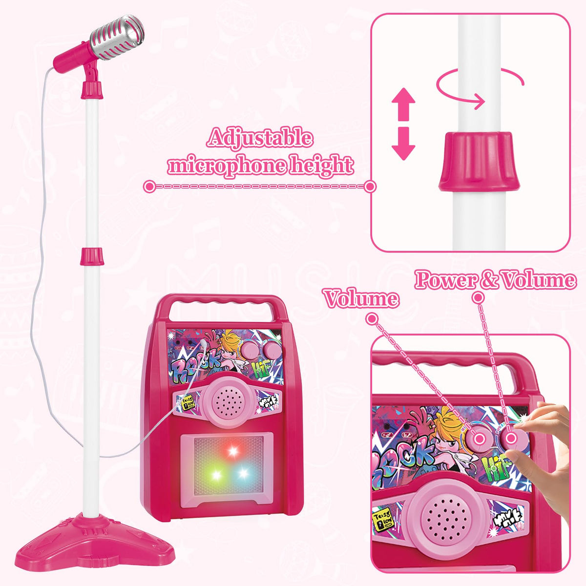 deAO Musical Guitar Play Set,Adjustable Height Microphone,Amplifier Set with Stand,Music Light Karaoke Music Toys Birthday for Kids Boys Girls