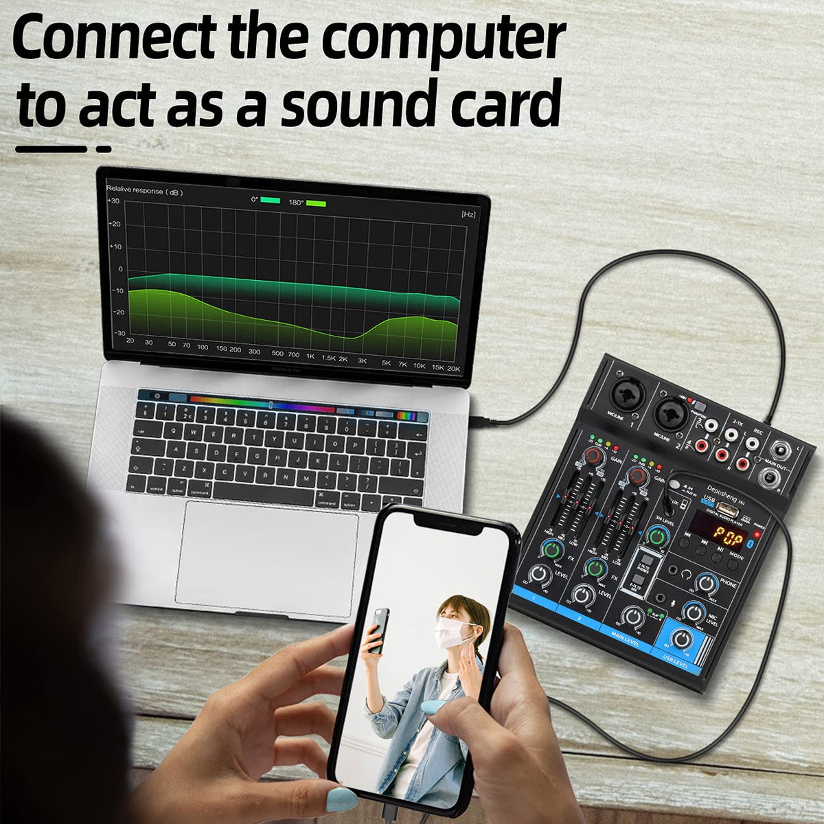 4 Channel USB Interface Mixer, DJ Sound Controller Mini Mixer Professional Digital Audio Portable Sound Mixing Console with Sound Card & Bluetooth Function for PC Recording - Depusheng M4, Black