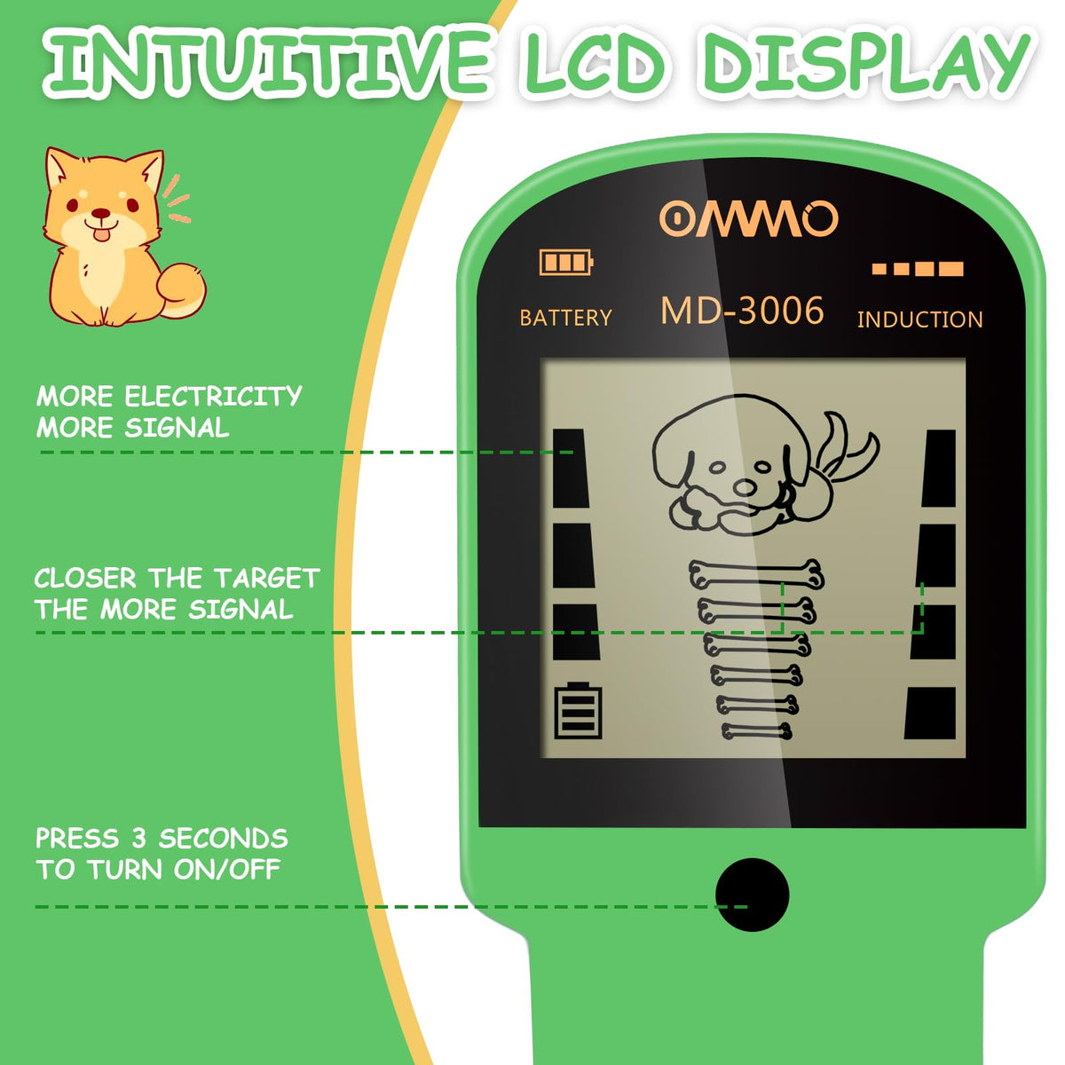 OMMO Kids Metal Detector, Adjustable 27.5"-37.8" with LCD Display (Green)