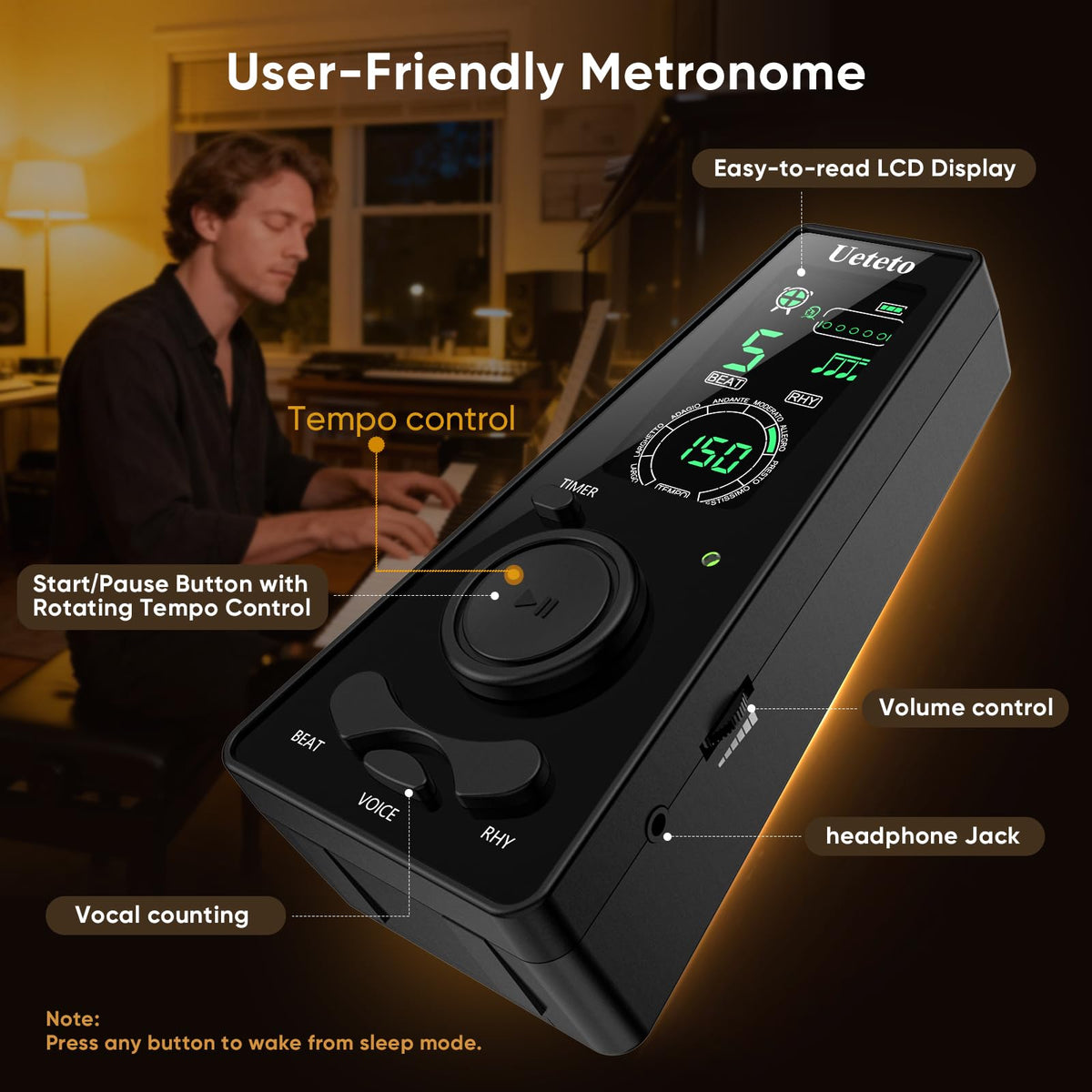 Ueteto Digital Metronome for Piano/Guitar/Drum