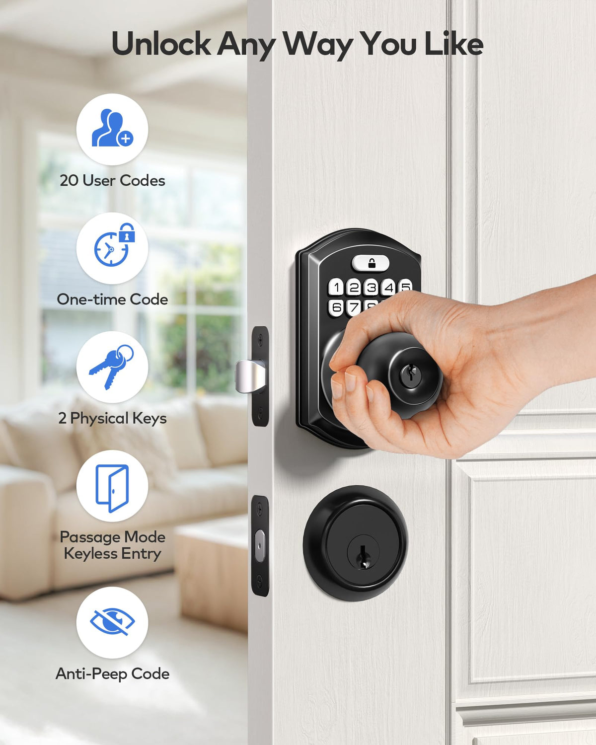 TEEHO TE003 Keypad Door Knob Lock, Keyless Entry Door Handle, Matte Black