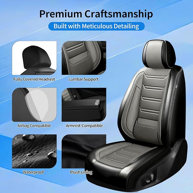 Fit Civic Car Seat Covers for Honda Civic 2020-2026 Sedan(Not for Coupe) - Premium Full Coverage Leather, Waterproof All Weather Breathable Seat Cushion Protector, Full Set, Black+Gray