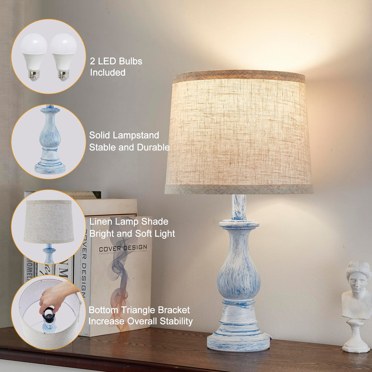 Table Lamps Set of 2, 18.5" Vintage Bedside Lamps for Bedroom Living Room