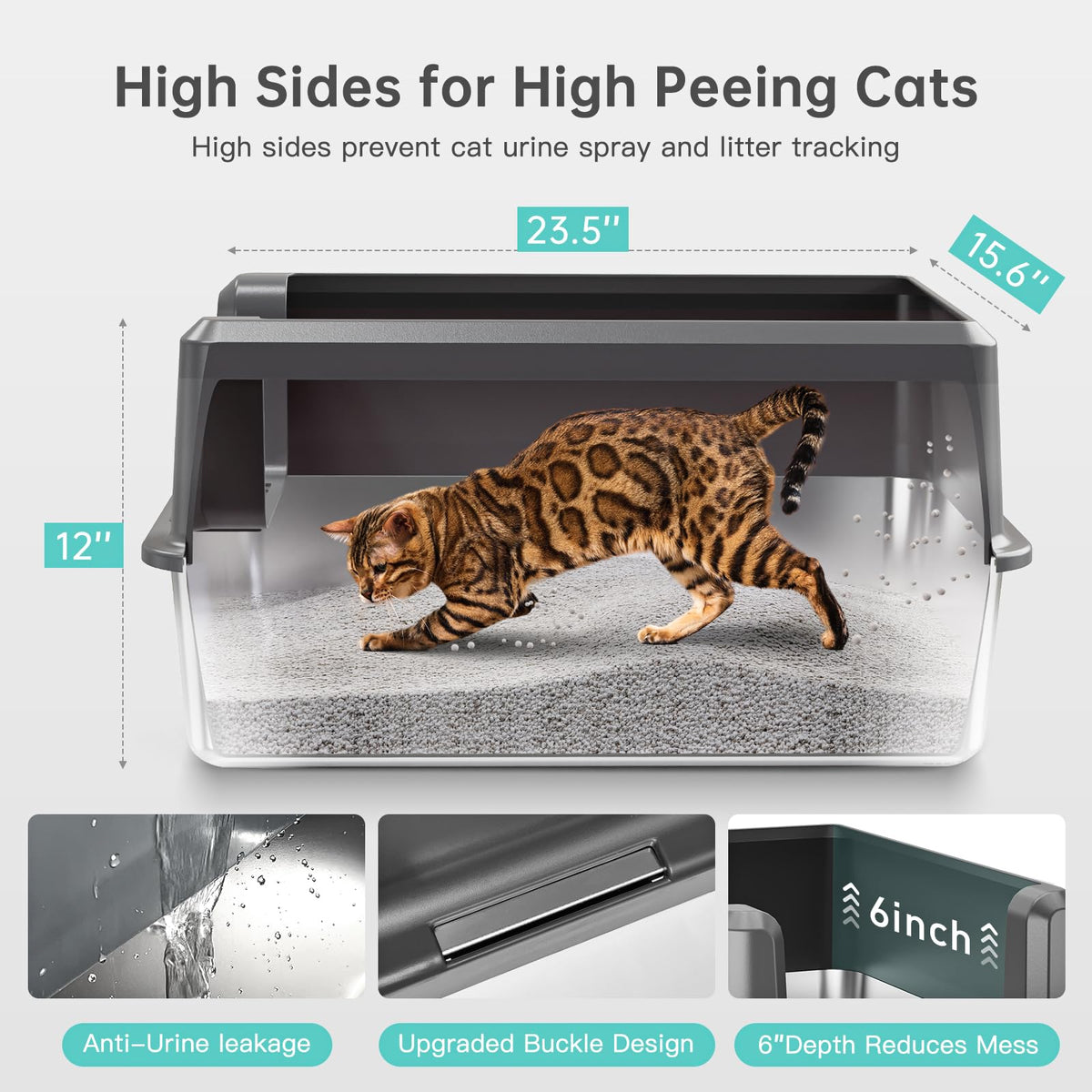 Stainless Steel Cat Litter Box, XL High Sided Open Top Litter Pan, 1 Scoop