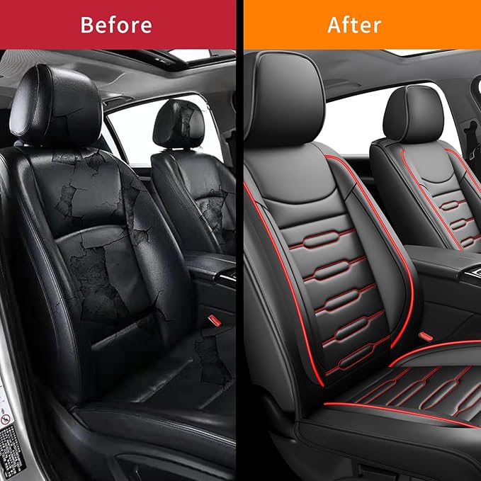 Fit Accord Car Seat Covers for Honda Accord 2003-2024 2025 2026 - Upgraded Premium Waterproof & Breathable Leather, Airbag Compatible, All-Weather Seat Cushion Protector (2 Front/Black+Red)