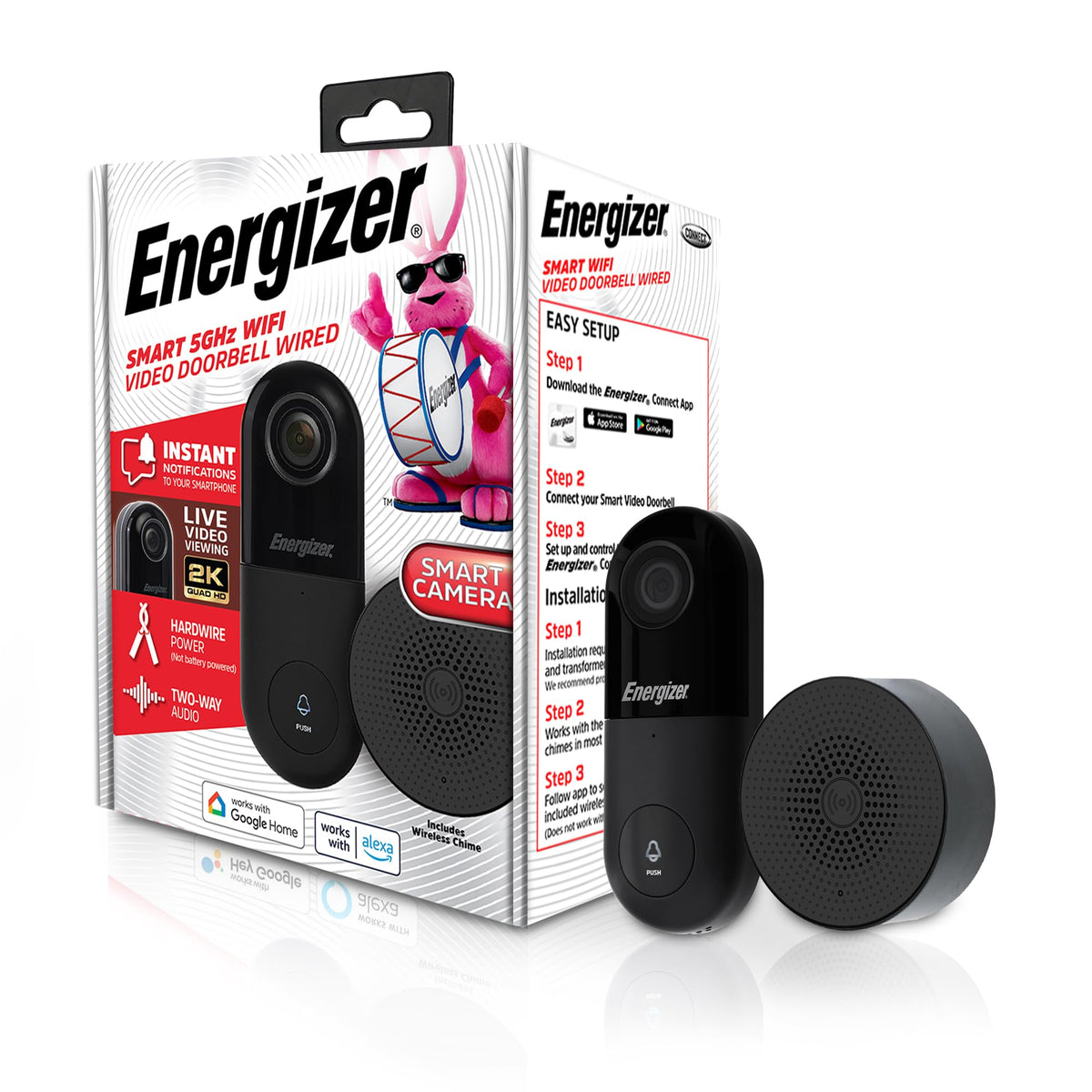 Energizer Smart 2K Doorbell & Chime, Wired Video Doorbell Security Camera, 2-Way Audio, Night Vision, Cloud & Micro SD Storage, Remote Access App, Motion Sensor, Live Viewing, Requires Existing Wires