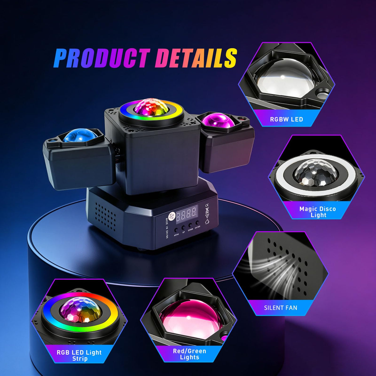 XPCLEOYZ 2 Arms Moving Head DJ Lights 4-in-1 RGBW LED Disco Stage Light