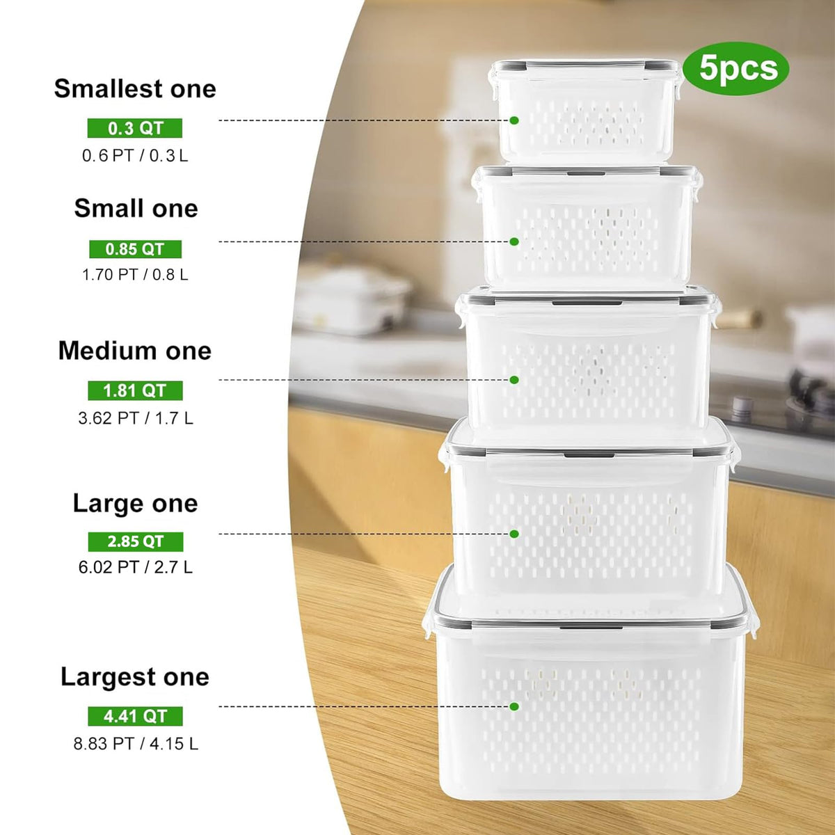 5 PCS Large Fruit storage Containers for Fridge ,Food Storage Containers