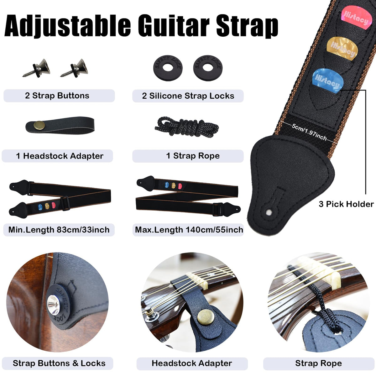 Histacy Guitar Accessories Kit: Wooden Stand, Strap, Clip-On Tuner, 3-in-1 Capo, 30 Picks for Acoustic, Electric Guitar, Bass & Ukulele, All-in-One Perfect Guitar Gift Set for Men & Beginners & Pros