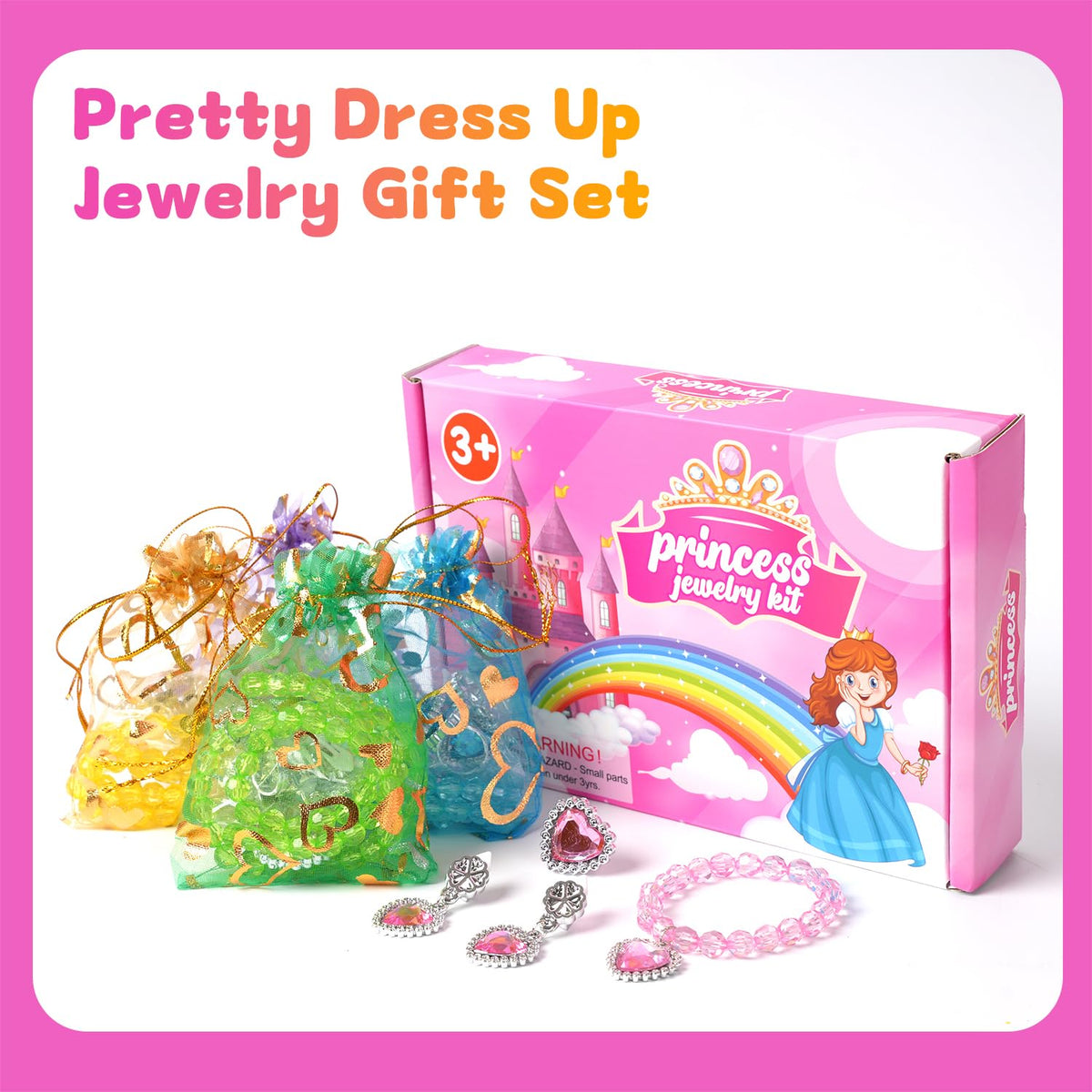 DIZRNOI Princess Jewelry Set for Girls with Colorful Necklace Bracelets Rings Earrings Birthday Gifts Party Favors Pretend Play Dress up Costume Friendship Jewelry for Toddler Girls (Heart)