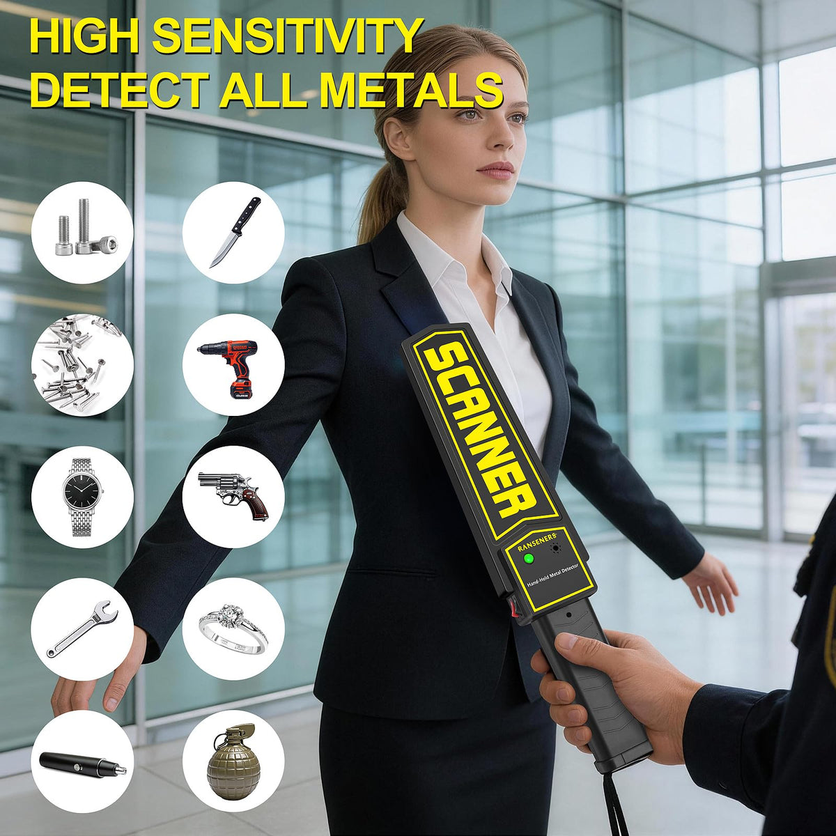 RANSENERS Handheld Metal Detector Wand,Security Wand,Portable Adjustable Sound & Vibration Alerts, Detect All Metal Products (Include Battery)