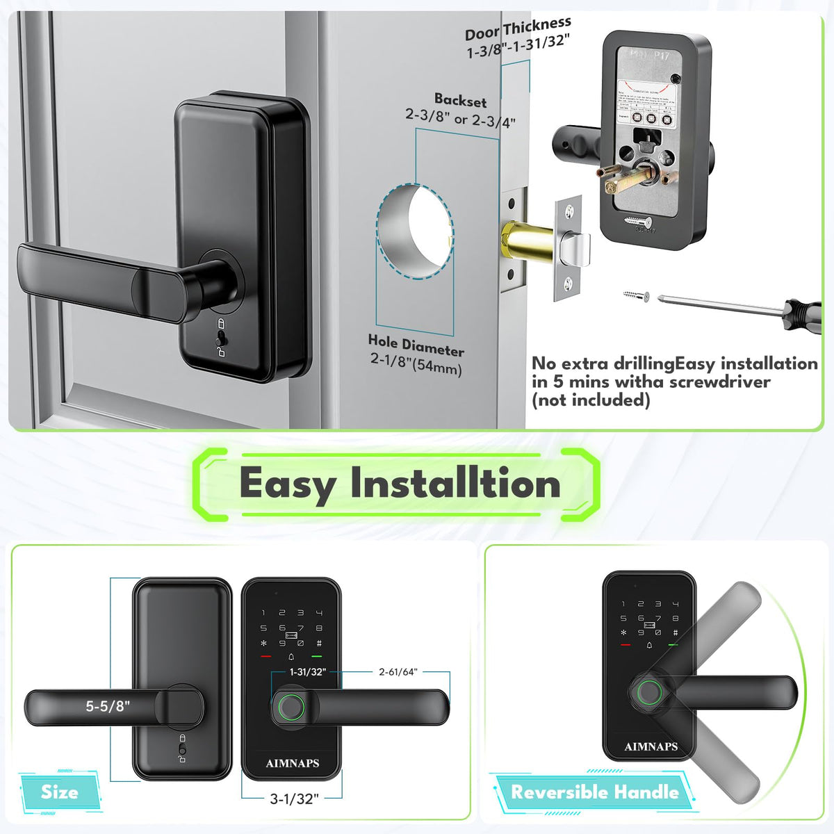 WiFi Keyless Entry Door Lock with Handle,Door Locks for Front Door,Deadbolt