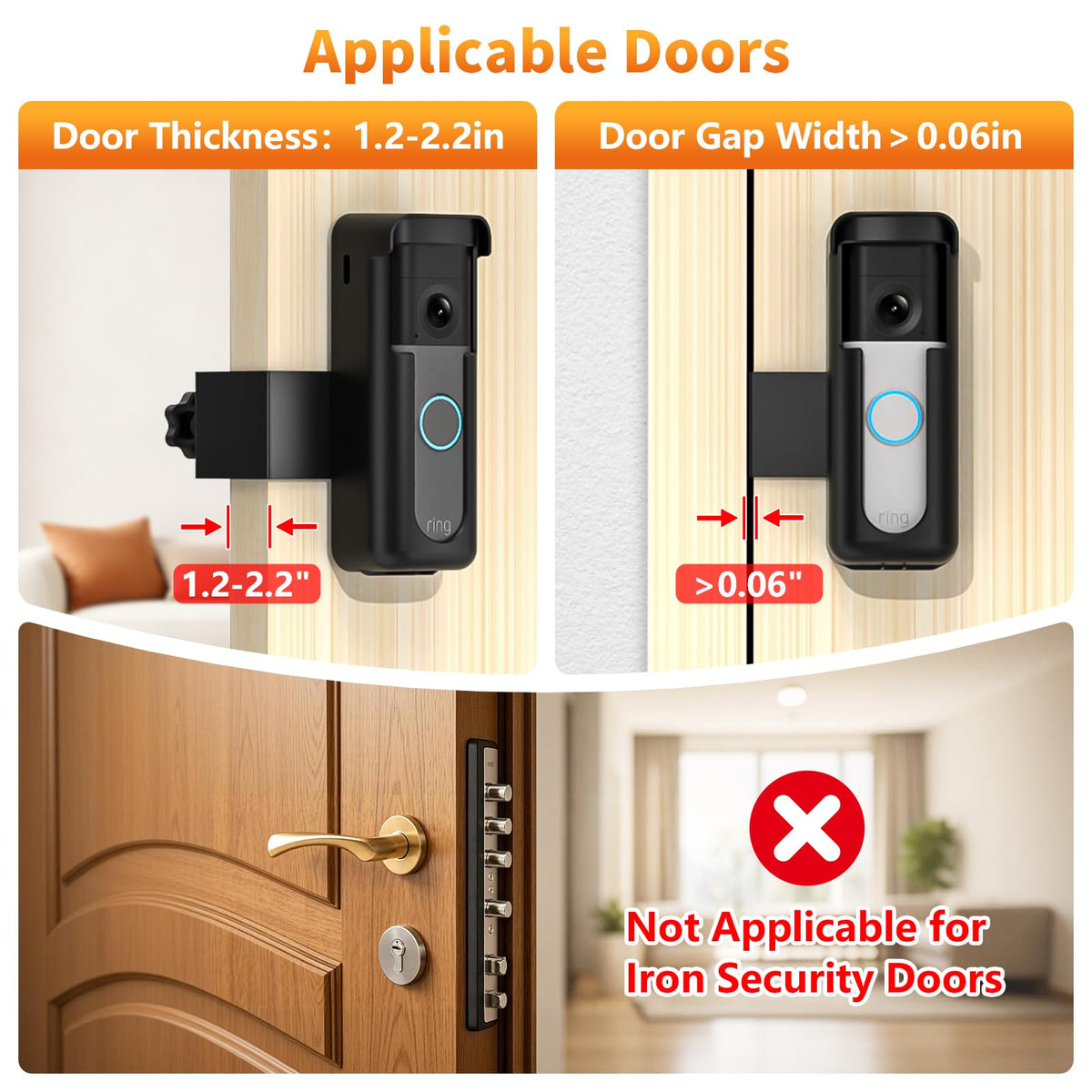 No-Drilling Anti-Theft Doorbell Mount for Ring Battery Doorbell/Plus/Pro 2nd Gen(2026 Newest Model), Doorbell Camera Mount for Apartment/Rental, Mounting Bracket Holder for Inward Swing Door, Black