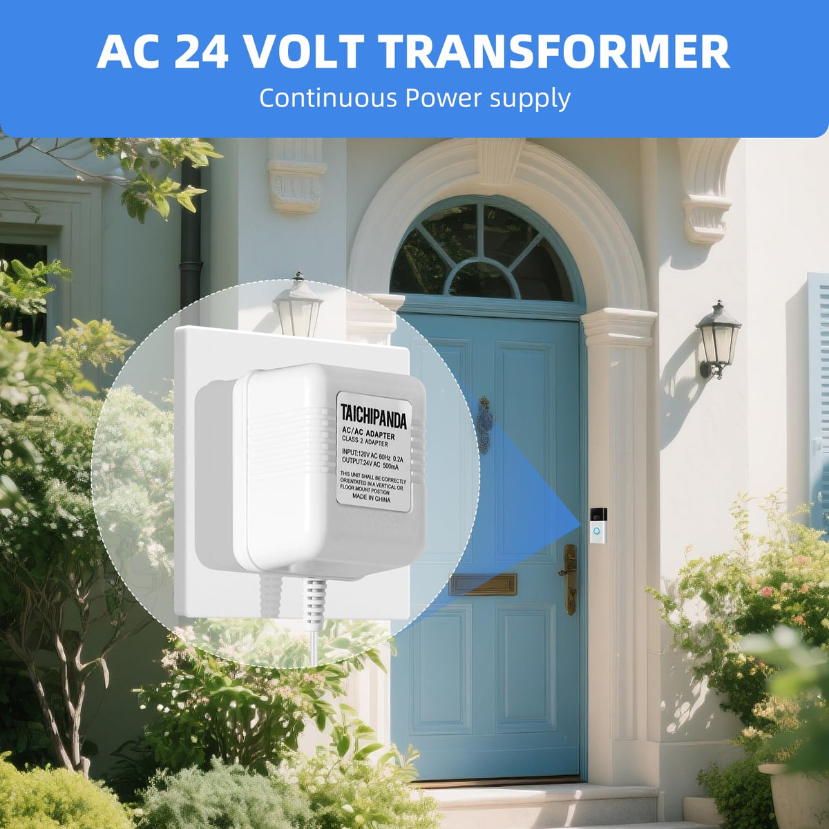 24V 500mA Doorbell Transformer, AC Adapter & 18ft Power Cable