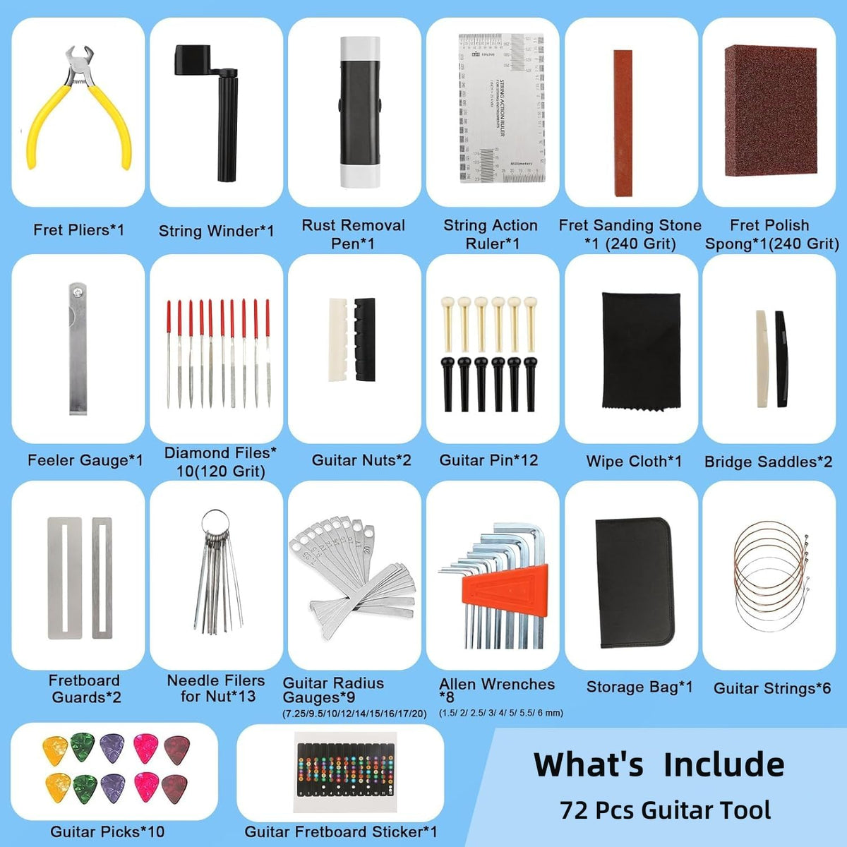72 Pcs Guitar Tool Kit with Carry Bag,Professional Guitar Repairing Maintenance Tool Kit for Acoustic Guitar Electric Guitar Ukulele Bass Banjo,Ideal Guitar Accessories for Guitar Enthusiast