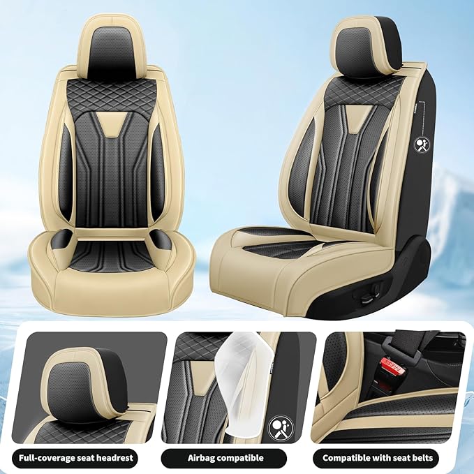 Fit Frontier Car Seat Covers Premium Leather for Nissan Frontier 2009-2025 2026. Waterproof， Breathable, Scratch-Resistant & All-Weather Seat Cushion Protector（Full Set,Beige&Black