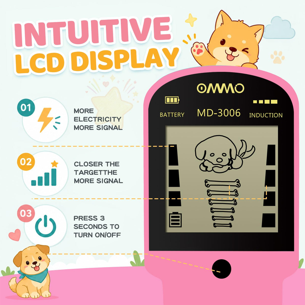 OMMO Metal Detector for Kids, Auto Calibration, LCD Display, Pink