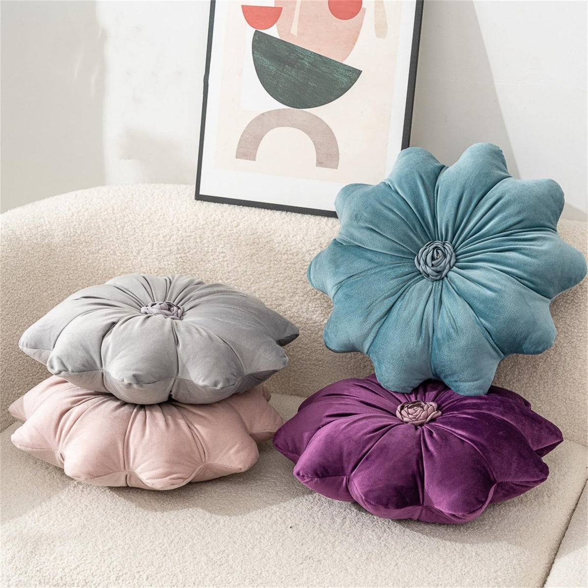 Jackcsale 15.7" Flower Throw Pillow Velvet Blue Pillow Cushion Flower Shaped Sofa Decorative Throw Pillow Soft Velvet Couch Chair Cushion for Living Room Bedroom Farmhouse