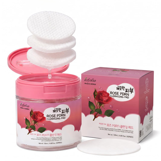Esfolio made in Korea PDRN Rose Cleansing Pad Gentle Daily Facial Pads with Rice Extract for Skin Clarity and Softness Easy One-Step Cleanser for Radiant Complexion Korean Skincare 60 Count