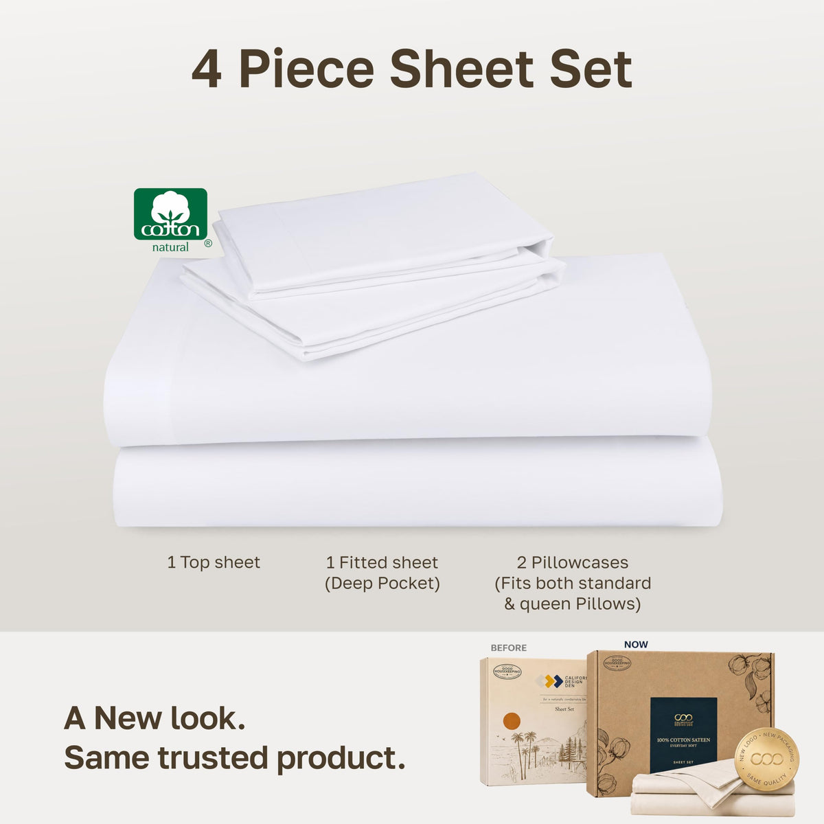 Soft Natural 100% Cotton Sateen Queen Sheets, 4 Pc Set, Bright White