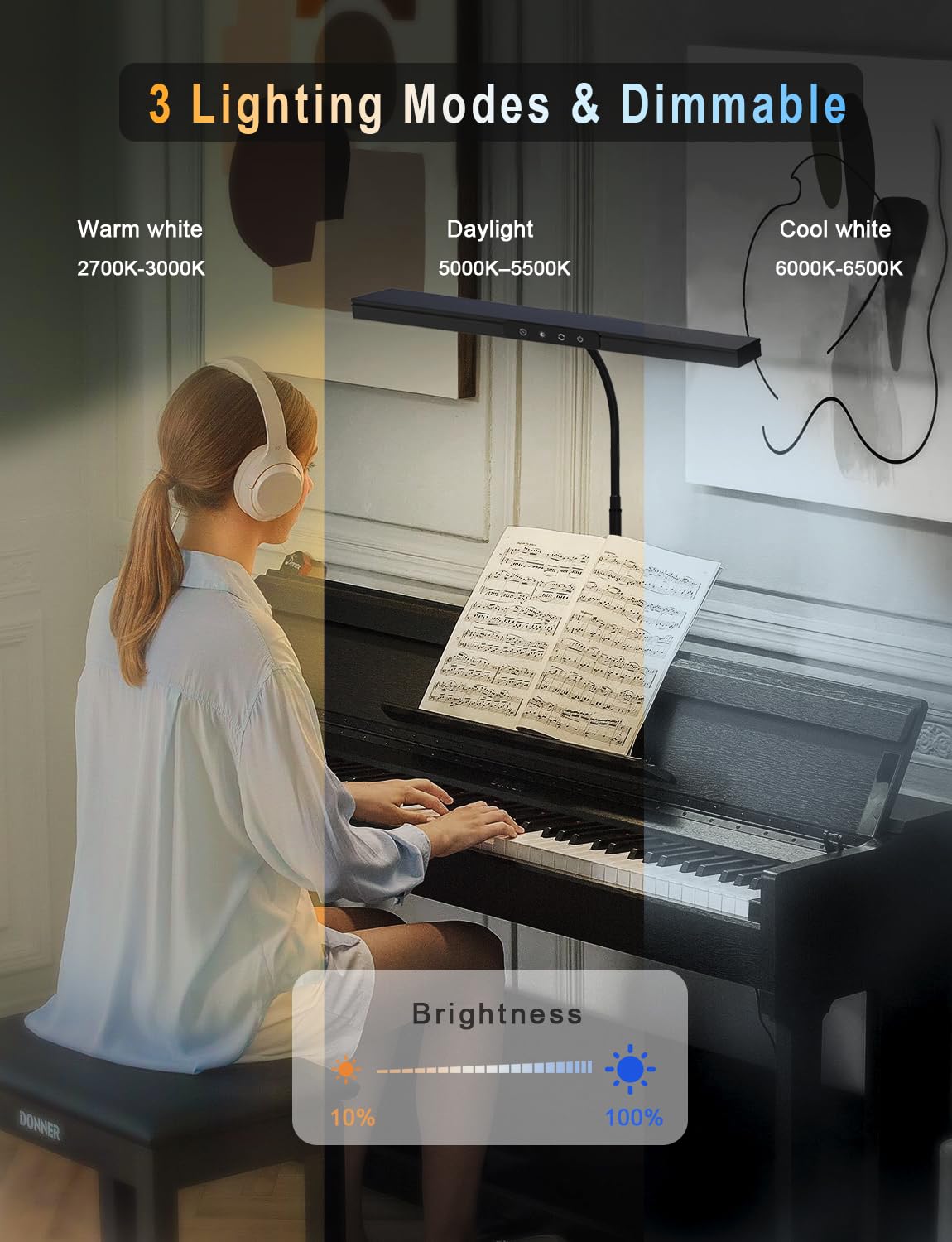 Piano Light for Upright Piano,Wide Illumination Covering Music Sheet 88 Key LED Piano Lamp for Grand/Digital Pianos,Dimmable Desk Lamp 3 Color Modes,Gooseneck,Timer,Eye Care Music Stand Light Black