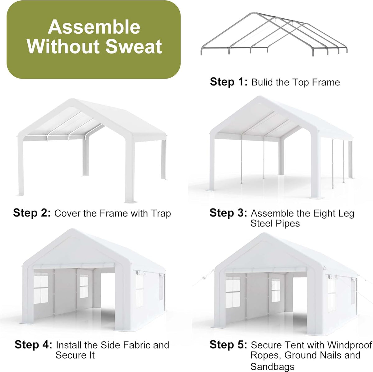 Heavy Duty Carport, Portable Garage with 4 Doors & 4 Window，Upgraded Carport with Reinforced Steel Poles, Uv Resistant All-Season Waterproof Tarp, for Car, Truck, Boat
