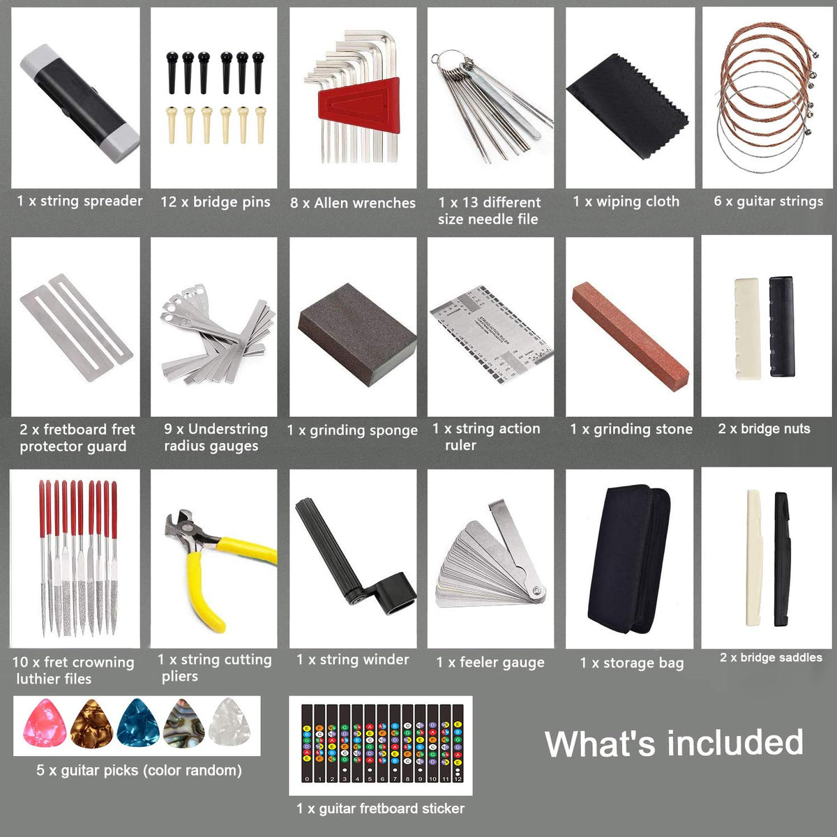 72PCS Guitar Tool Kit，Professional Guitar Repairing Maintenance Tool Kit with Guitar Strings Picks Bridge Pins Gauge Guitar Accessories Gift for Acoustic Guitar Electric Guitar Ukulele Bass Banjo