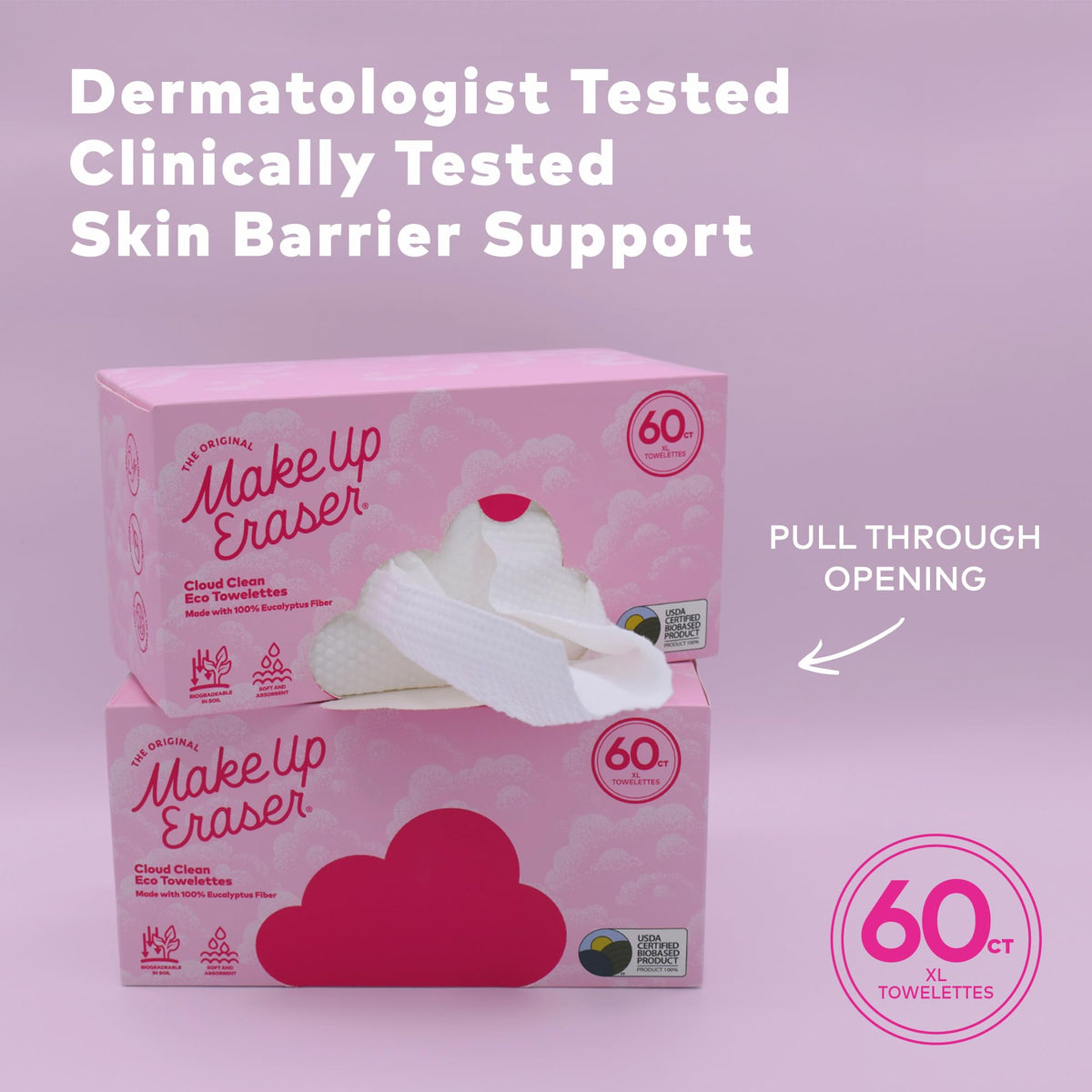 MakeUp Eraser Cloud Clean Eco Towelettes, Certified 100% USDA Biobased Face Towel, Biodegradable Disposable Face Towelette, Dry Wipe Made From Ultra Soft, 100% Eucalyptus Fibers, 60ct., 1 pack