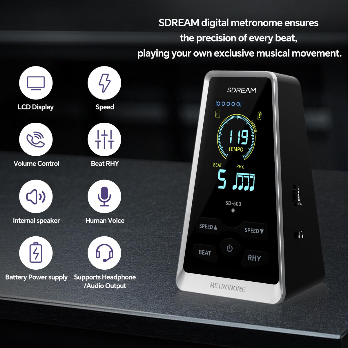 SDREAM Digital Metronome for Piano,Guitar,Violin,Rechargeable LCD Electronic Metronome with Human Voice,Professional Metronome for Beginners & Musicians,Instrument Volume & Beat Speed Adjustable