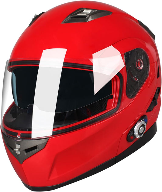 FreedConn BM2-S Bluetooth Motorcycle Helmet, Flip-Up Modular Motorbike Helmet, 500M Connectivity for 2-3 Riders, Voice Dial, Hands-Free Call, MP3, FM, DOT Certified ( Medium, Red)