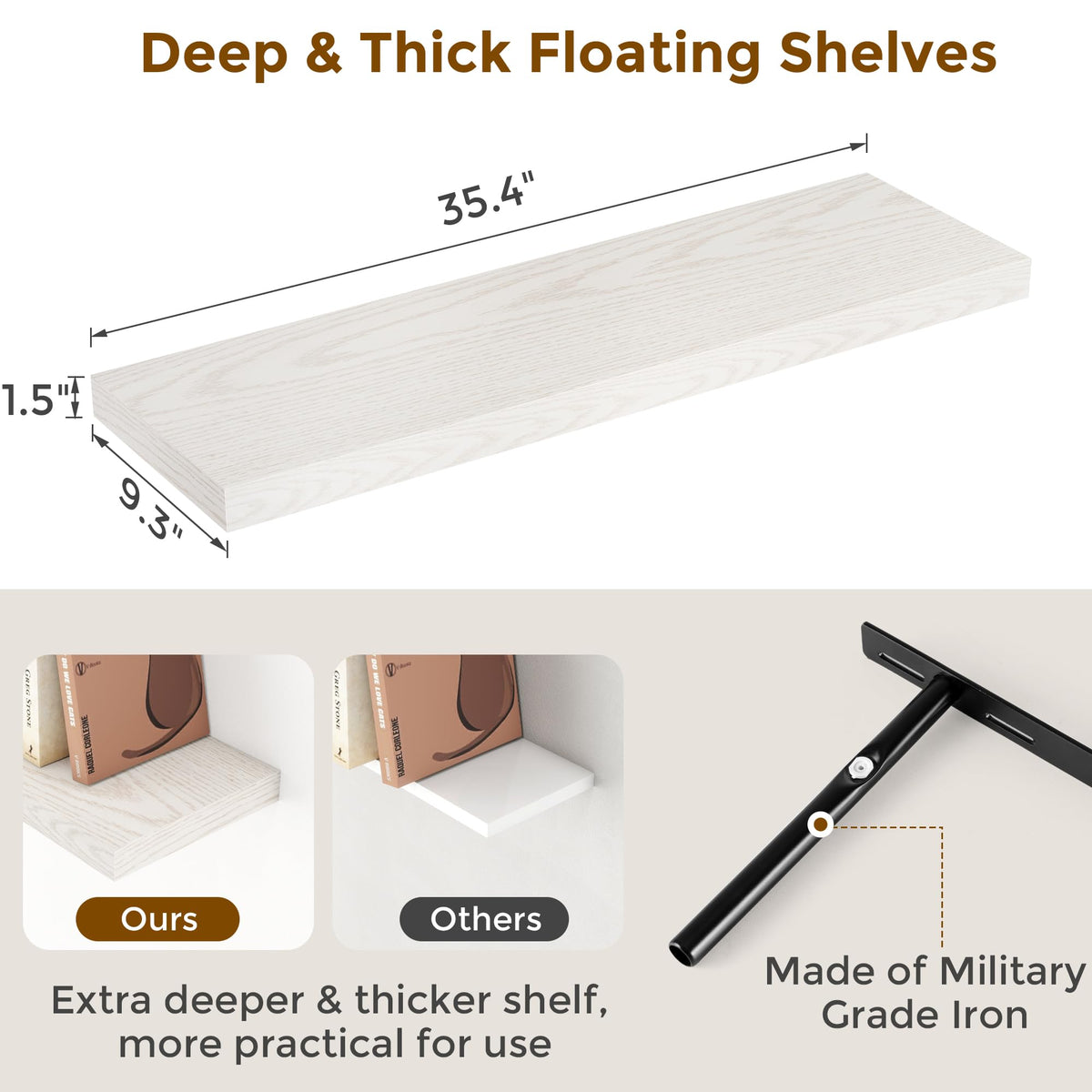 36 Inch Long Floating Shelves for Wall, 9.3 Inch Deep Floating Shelf with Heavy-Duty Bracket, 2 Pack Long Shelves for Bathroom, Living Room, Bedroom, Wall Mounted Storage Shelf for Books Decor, Brich