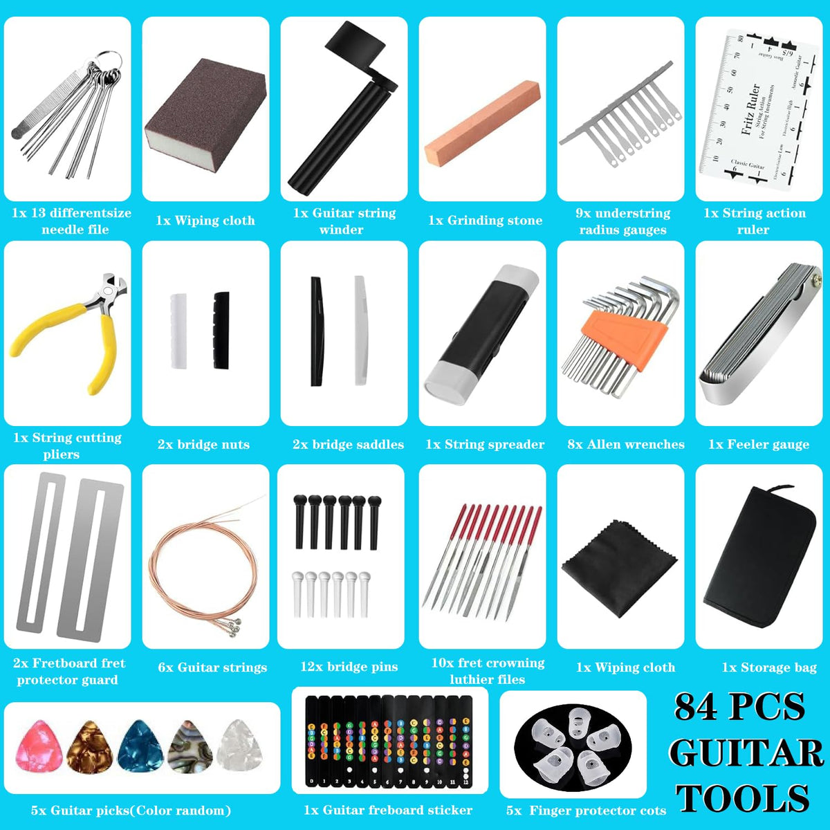 84Pcs Guitar Tool Kit, Guitar Cleaning Kit, Guitar Accessories Guitar Setup Kit, Guitar Repair Kit for Acoustic Electric Guitar Ukulele Bass Banjo, Guitar Maintenance Kit Guitar Gifts for Musicians