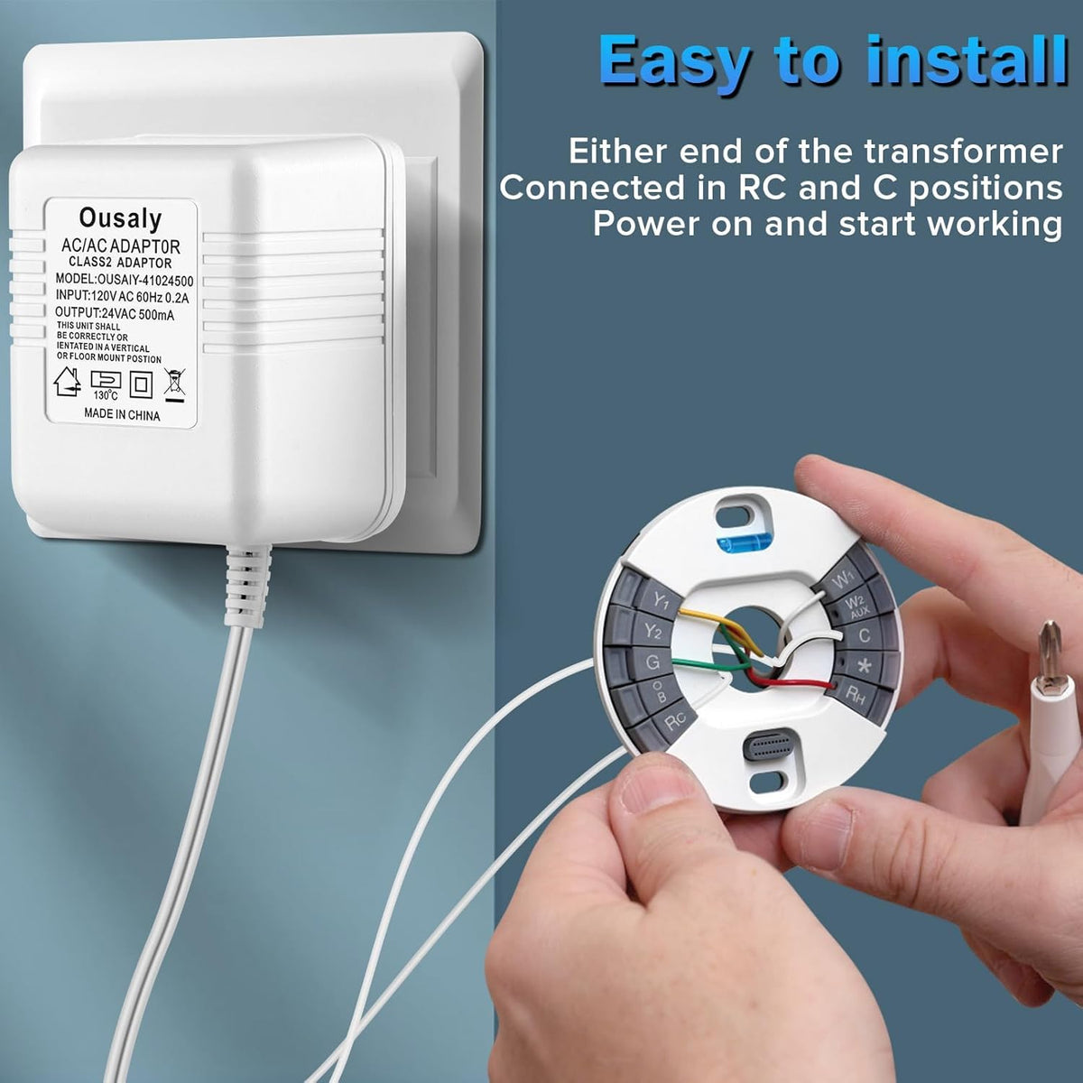 Ousaly Doorbell Power Adapter, 24V Transformer Compatible with Ring Doorbell,Video Doorbell,Nest, Ecobee, Sensi and Honeywell Thermostats, 24 Volt 500mA C-Wired AC Plug in Cord,C Wire Adapter 26.2FT