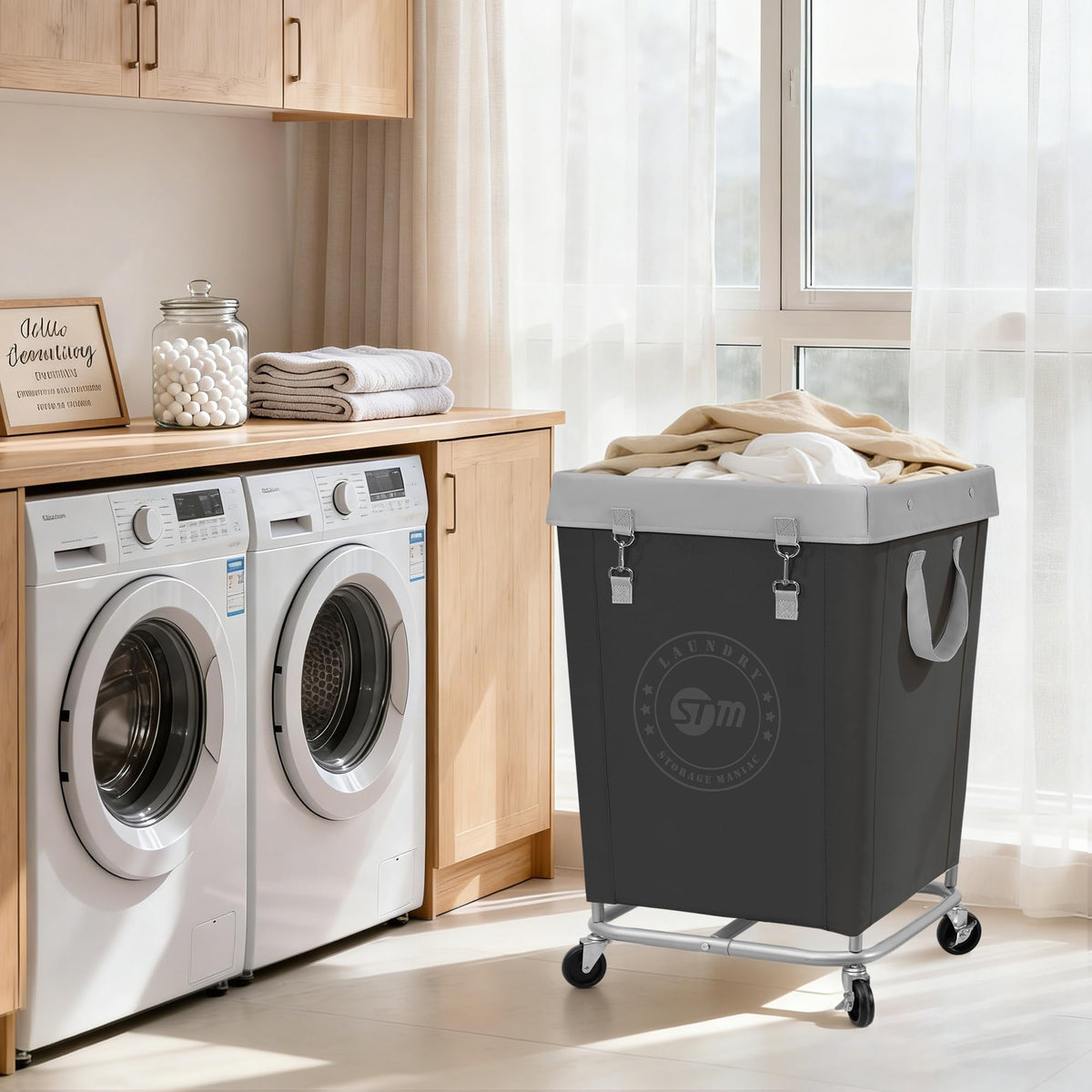 STORAGE MANIAC Commercial Laundry Hamper with Heavy Duty Steel Frame, 160 L Industrial Laundry Basket Cart with Wheels for Hotel, Home, Laundry Room, 17.72''L x 17.72''W x 30.91''H, Medium Black