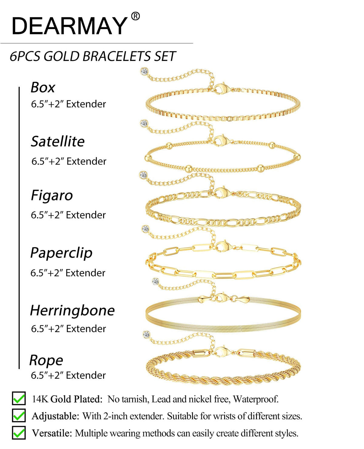 DEARMAY Gold Bracelets for Women Non Tarnish 14K Gold Plated Minimalist Bracelets Stack for Women Trendy Dainty Stackable Paperclip Rope Snake Box Figaro Chain Bracelets Set Pack Jewelry Sets Costume Fashion Gifts