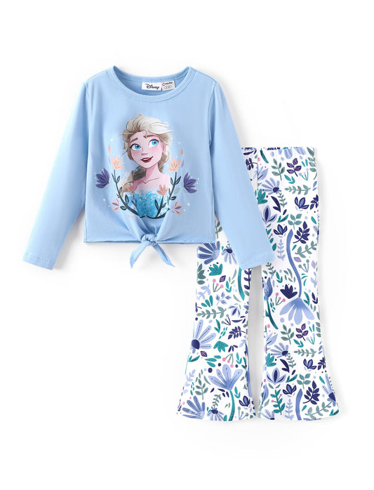 Disney Girls Outfits Knot Front Shirt Flare Pants Sets Elsa Blue 3-4T