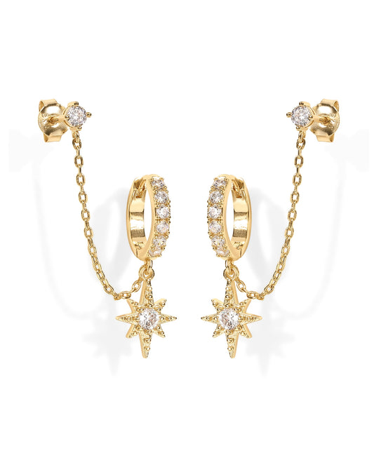 PAVOI CZ Dangle Chain Earrings Women, Star Gold Plated Double Hoop & Stud