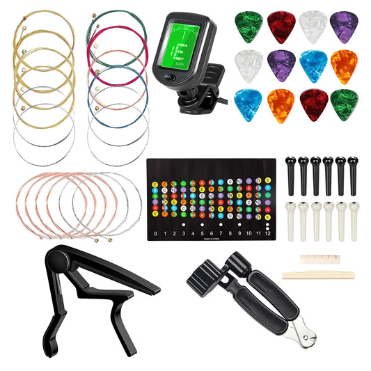 JINWEE Guitar Accessories Kit Including acoustic Guitar Strings, tuner, capo, 3-in-1 restring tool, picks, bridge pins, guitar nuts saddles and Fretboard Stickers(48 Pcs)