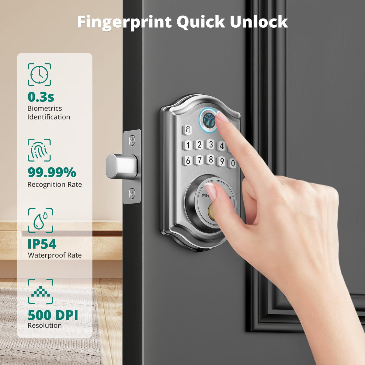 AkaGear DS10 Pro Keyless Entry Door Lock with Fingerprint, Satin Nickel