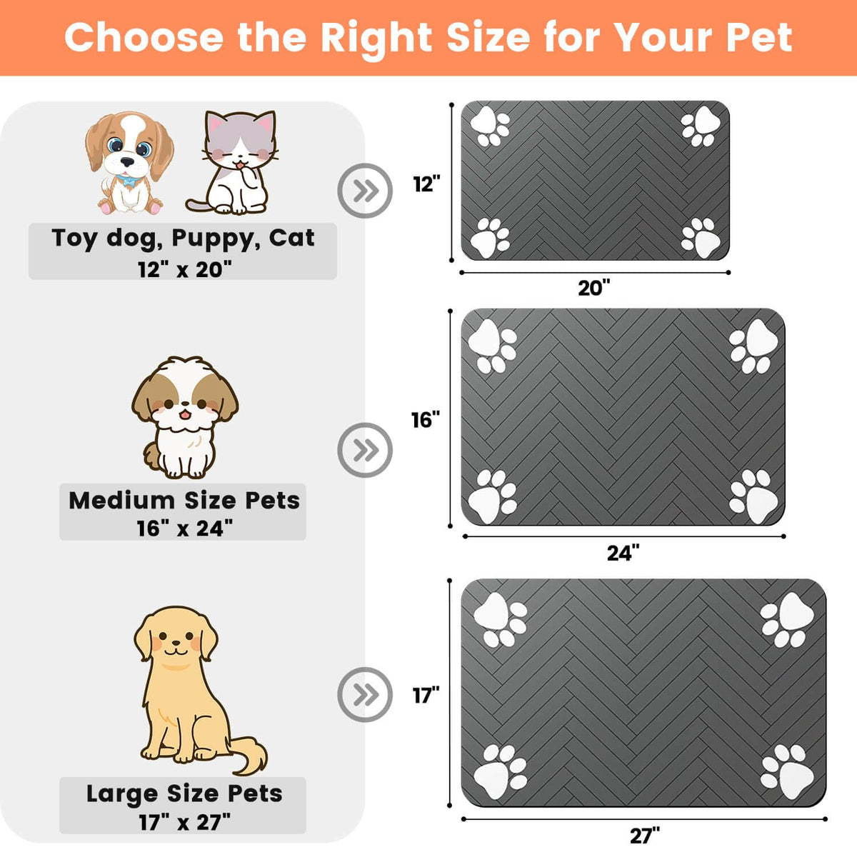 Pet Feeding Mat-Absorbent Pet Placemat for Food and Water Bowl, with Waterproof Rubber Backing, Quick Dry Water Dispenser Mat for Dog and Cat (20"x12", Striped Dark Gray)