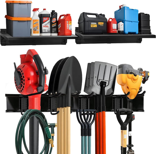 Heavy-Duty Garage Wall Storage System | Wall Mounted Tool Organizer Rack with Shelving | 10-Piece Mounting Kit | Includes 4x10” Double-Layered Hooks & 2x16.5” Floating Utility Shelves