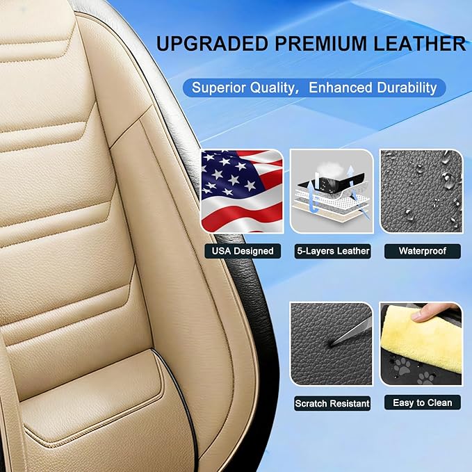 Car Seat Covers for Select Honda Fit 2007-2020, Premium Full Coverage Leather, Airbag Compatible& Scratch-Resistant, Waterproof & All Weather Breathable Seat Protector, Full Set, Black+Beige
