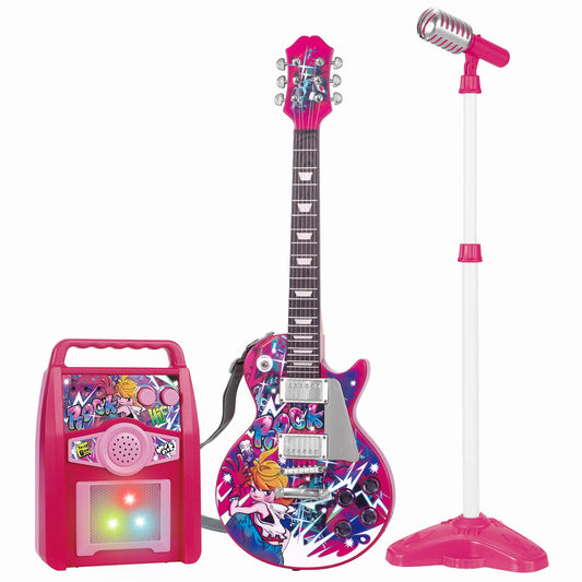 deAO Musical Guitar Play Set,Adjustable Height Microphone,Amplifier Set with Stand,Music Light Karaoke Music Toys Birthday for Kids Boys Girls