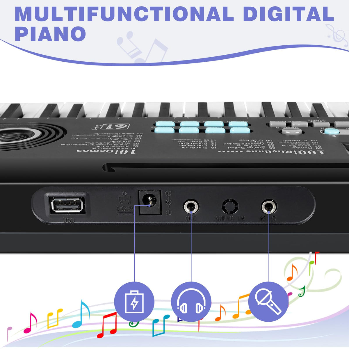 61 key keyboard Piano,Portable Electronic Digital Piano,Built In Dual Speakers,External Microphone,Power Plug,Rich Teaching Content,Multi-Functional Electronic Piano Suitable For Beginners iiw88