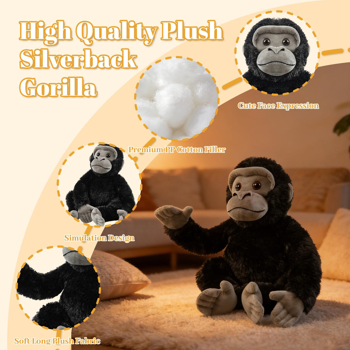 JUSTQUNSEEN 10" Sitting Silverback Gorilla Stuffed Animal - Soft Realistic Plush Toy Gift for Kids Boys & Girls, Gorilla Toys for Playtime Adventures & Birthday Gifts (Black)