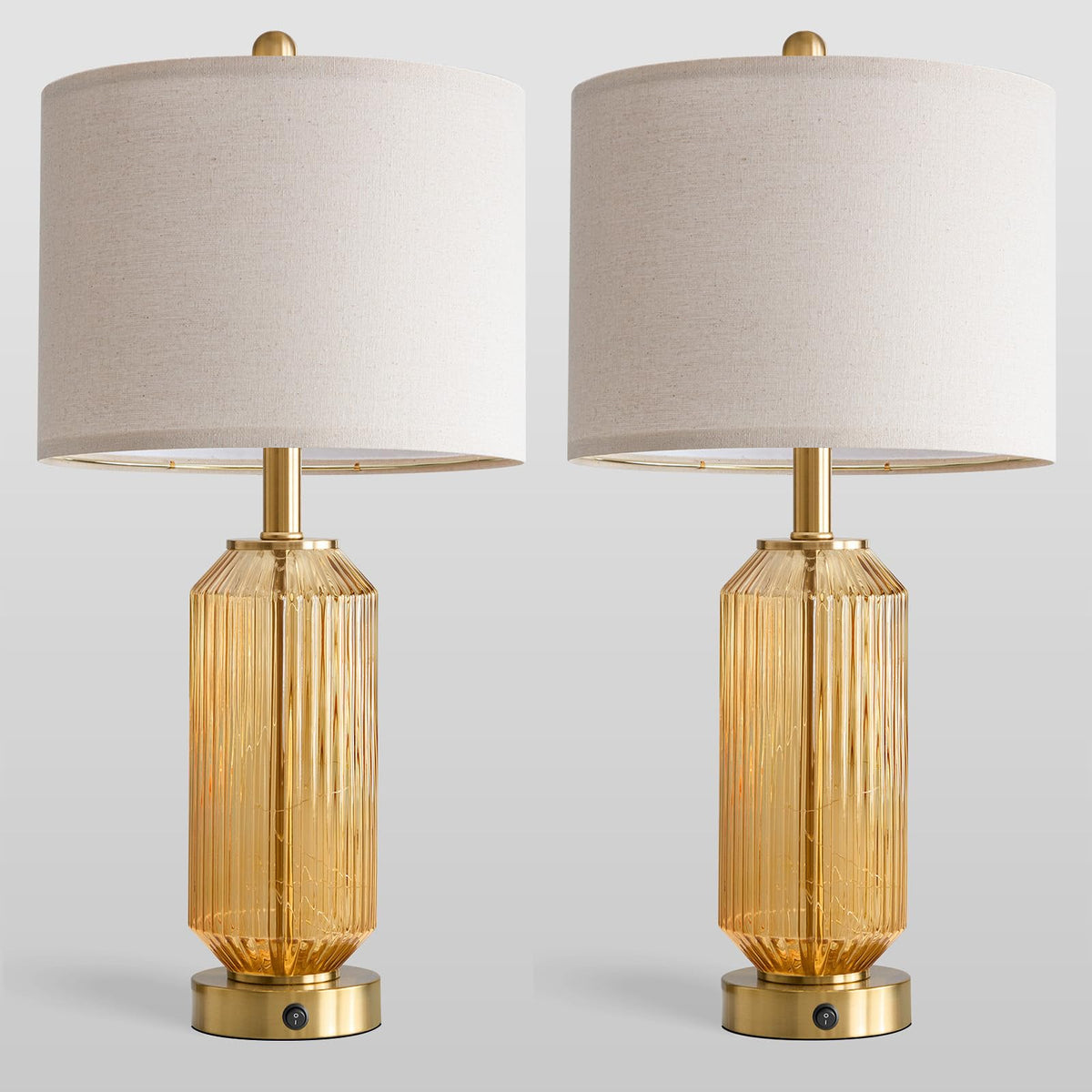 Oneach 24.5" Bedside Table Lamps Set of 2, Amber Glass Lamp with Nightlight