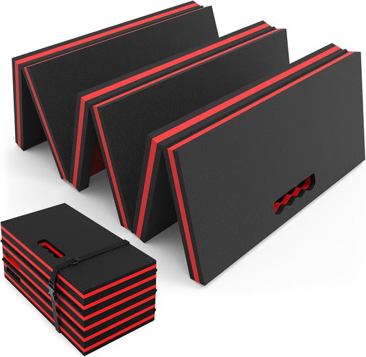 Thick Mechanic Mat, Foldable EVA Mat with Magnetic Tool Compartments, Waterproof Mechanic Kneeling Pad with Handle for Garage Workshop Repairing Gardening, 46.5" x 15.8" x 1.1 ", Black & Red