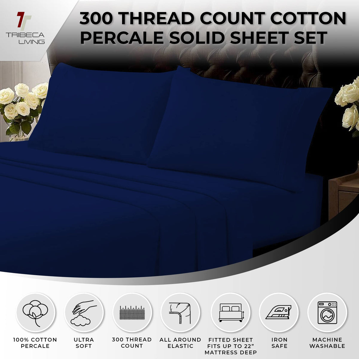 Tribeca Living Queen Cotton Percale Deep Pocket Sheet Set, Midnight Blue