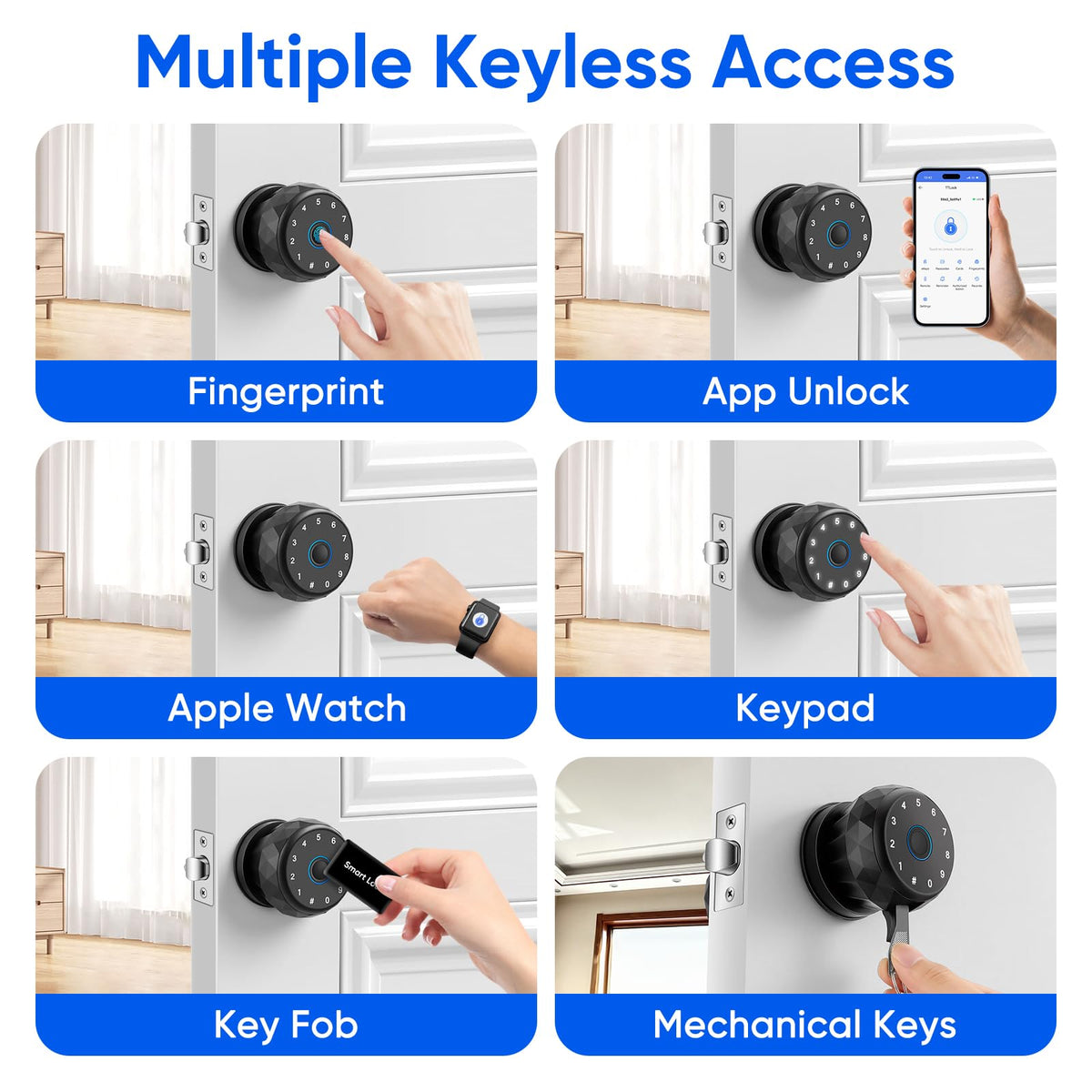 Smart Door Knob Fingerprint Door Lock with Keypad,6 in 1 to Unlock for Home